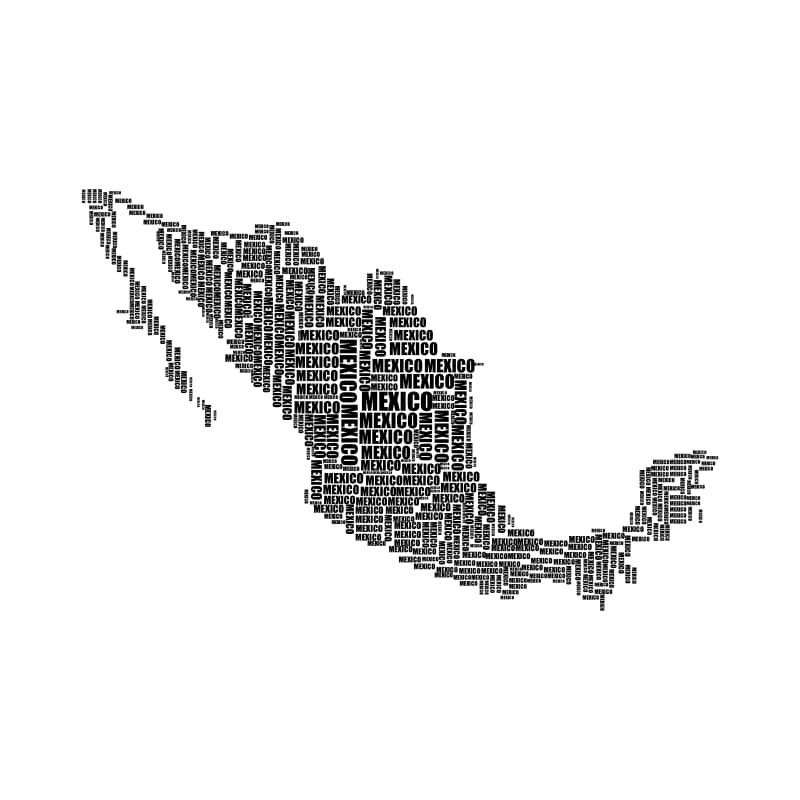 Mapa de México formado con la palabra México repetida